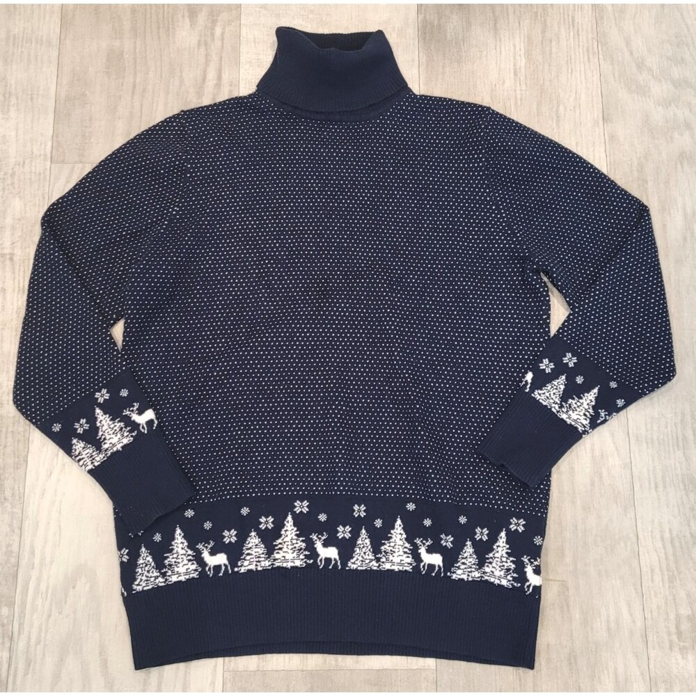 LL Bean Cashmere Blend Turtleneck Pullover Women's L Navy Holiday Fair Isle Top